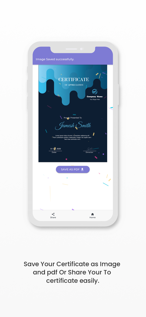 Certificate Maker:Creator - Una pantalla de smartphone mostrando un certificado completado para Jamesh Smith con opciones para guardar como PDF o compartir.