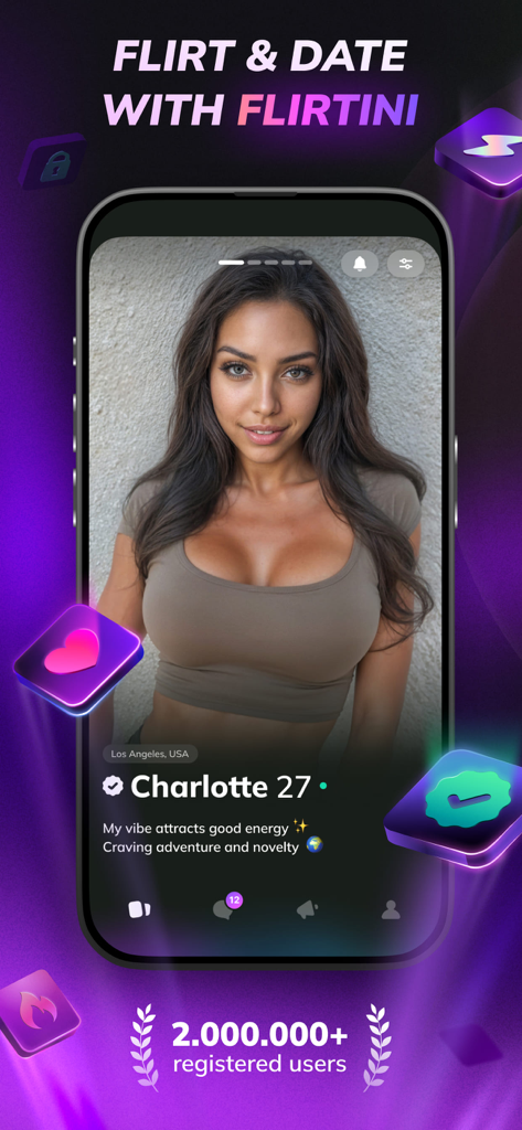 Flirtini - Match, Chat, Flirt - Écran de smartphone montrant le profil d'une utilisatrice sur l'application de rencontres Flirtini avec un badge vérifié et la localisation