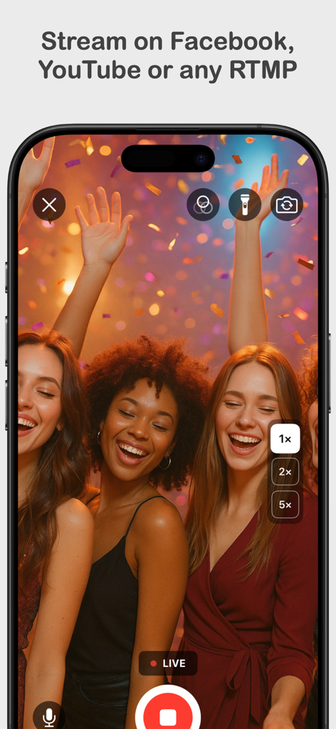 RTMP Live Streaming App-Oberfläche, die eine Live-Übertragung von einem iPhone nach Facebook und YouTube zeigt