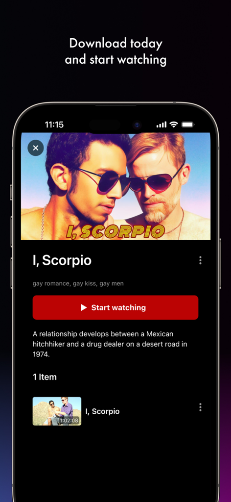GayBingeTV - GayBingeTV mobile app interface showing a movie detail page for a gay romance film titled I Scorpio