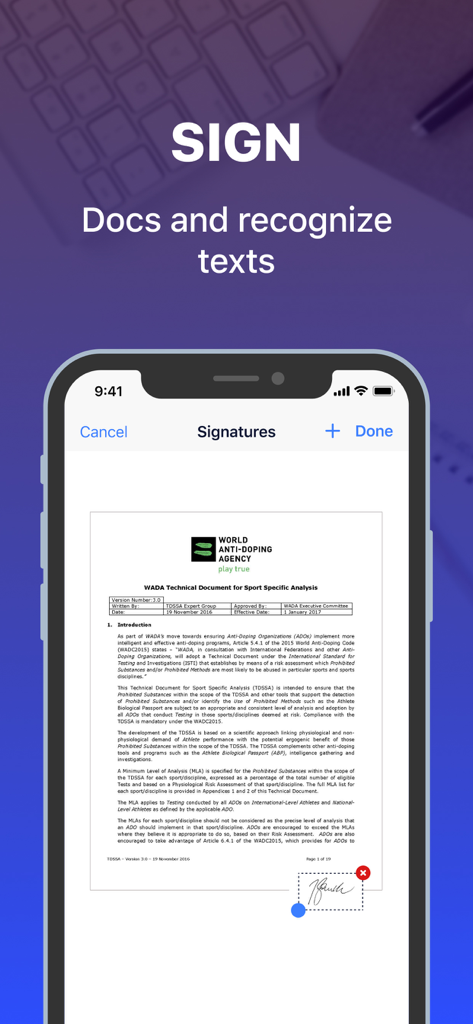iPhone screen showing a user adding a digital signature to a scanned PDF document using the scanner app interface.