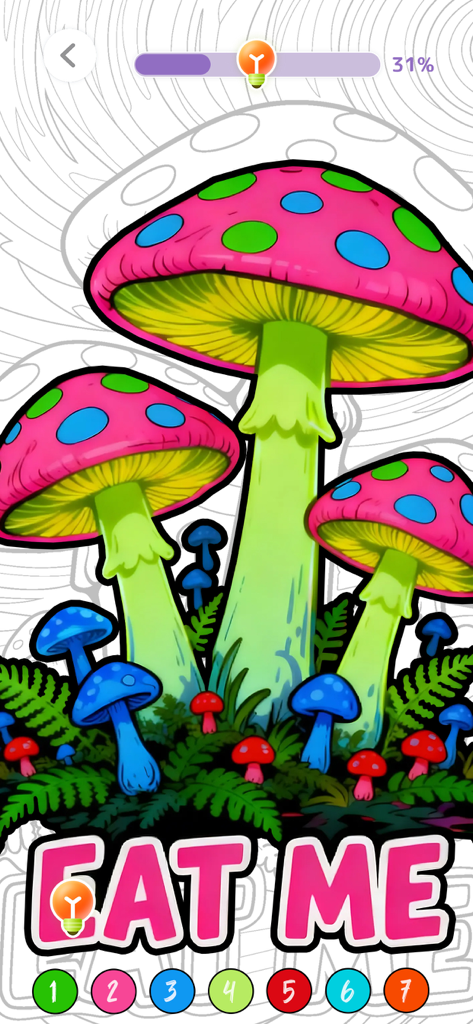 Une page de coloriage vibrante de peinture par numéro représentant des champignons psychédéliques et le texte EAT ME.