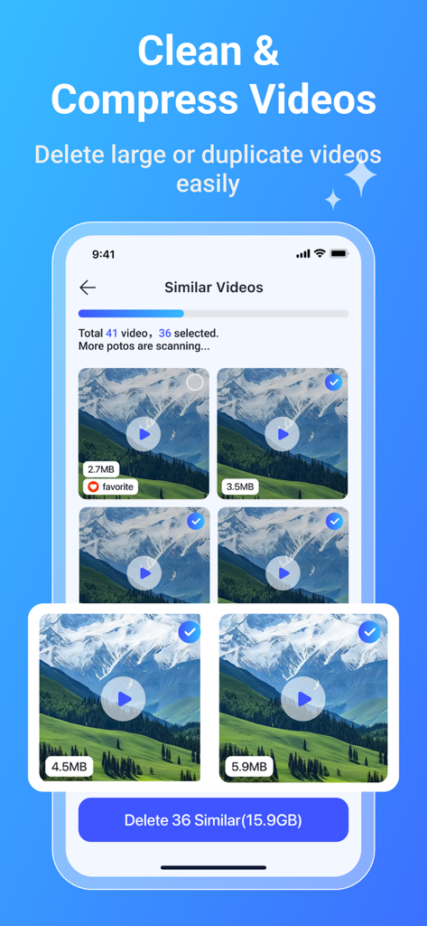 CleanlyAI app interface for finding and deleting similar videos to free up storage space.