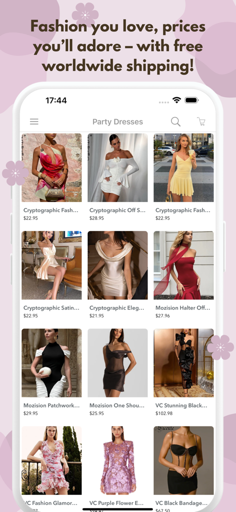 Mobile app screen showing a collection of affordable party dresses with prices and free shipping information.