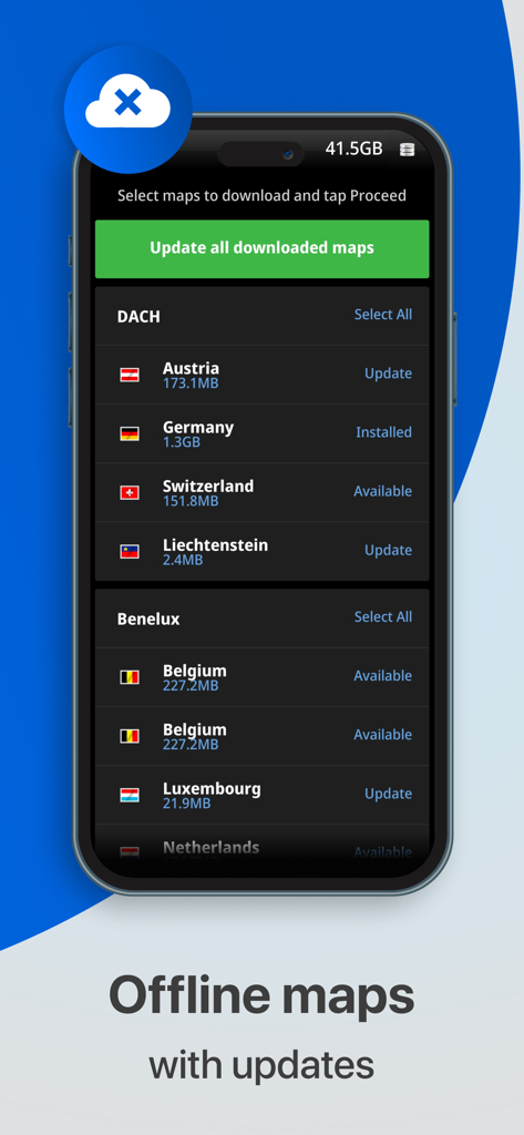 Sygic Truck and RV Navigation interface for downloading and updating offline maps