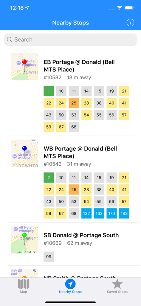 Nearby bus stops with route numbers in the Winnipeg Bus Live app