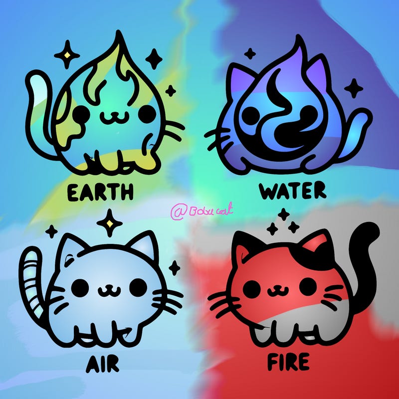 4 cats that represent the different elements, earth, water, air, and fire