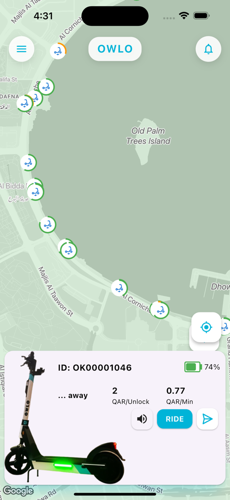 OWLO app interface showing available electric scooters on a map with rental pricing and battery life details