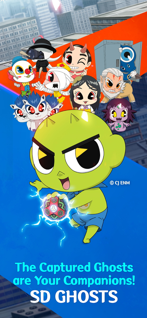 GETCHA GHOST-The Haunted House - A group of colorful SD ghost characters and Shinbi from the Getcha Ghost mobile game