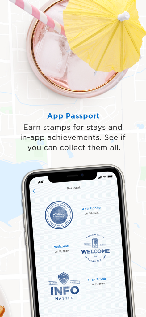 Wyndham Hotels & Resorts - Wyndham Hotels app passport screen showing earned stamps and achievements for rewards members