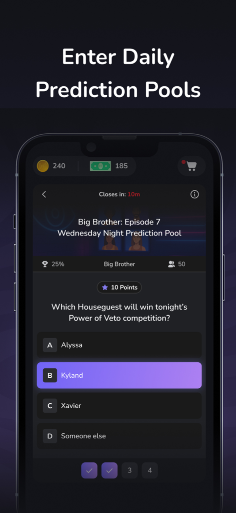 Bracketology - Interfaz de la aplicación Bracketology que muestra una pregunta de grupo de predicción diaria de Big Brother sobre quién ganará el Poder del Veto.