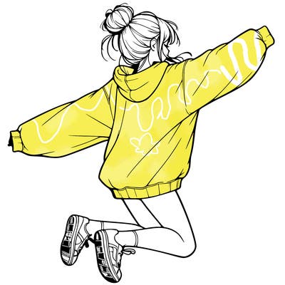 realistic girl jumping with a bun and oversized sweatshirt