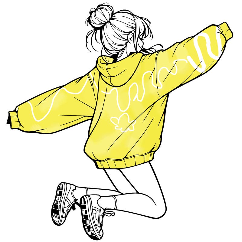 realistic girl jumping with a bun and oversized sweatshirt
