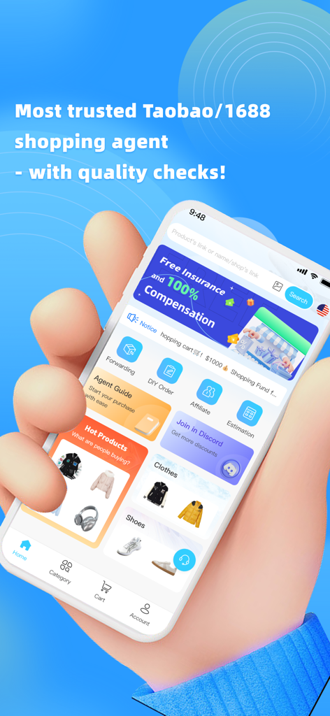 Interface do aplicativo móvel DogeGoo mostrando serviços de compras transfronteiriças para Taobao e 1688