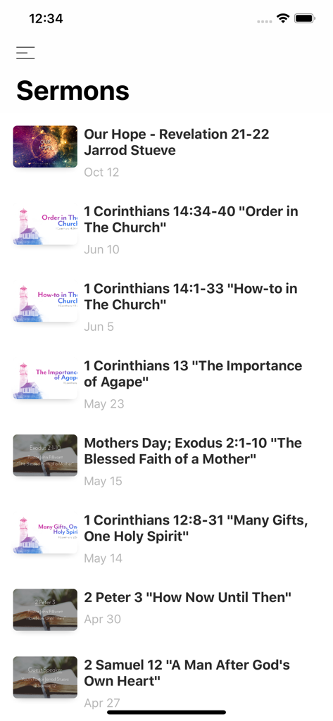 Church by MinistryOne - List of recorded sermons with video thumbnails in the Church by MinistryOne mobile app