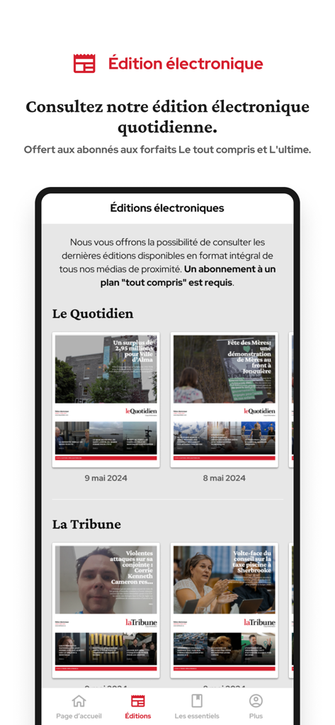 Le Quotidien - Interface de l'application mobile montrant les éditions numériques des journaux locaux Le Quotidien et La Tribune.