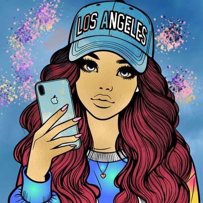 realistic beautiful girl wearing los ángeles cap holding an iphone