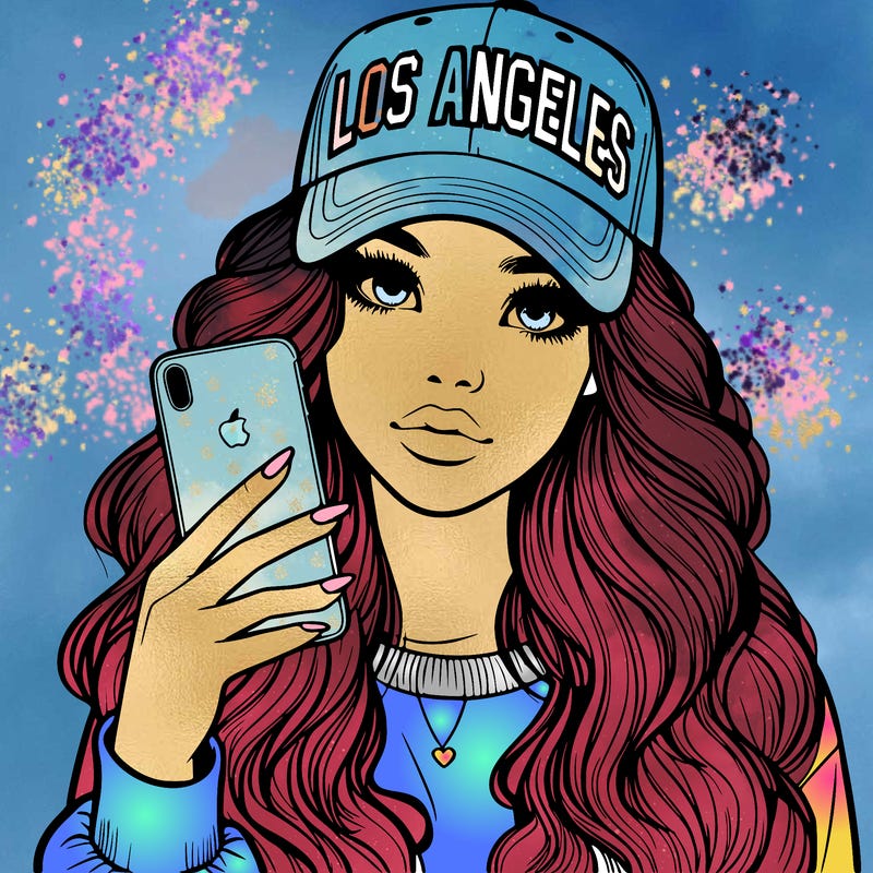 realistic beautiful girl wearing los ángeles cap holding an iphone
