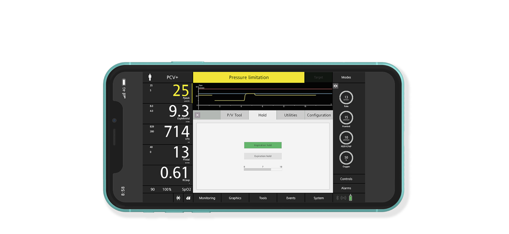 VenTrainer app showing a medical ventilator interface with pressure graphs and monitoring data.