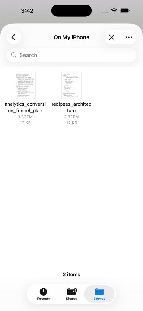 Markdown Mermaid app file browser interface showing markdown documents on an iPhone