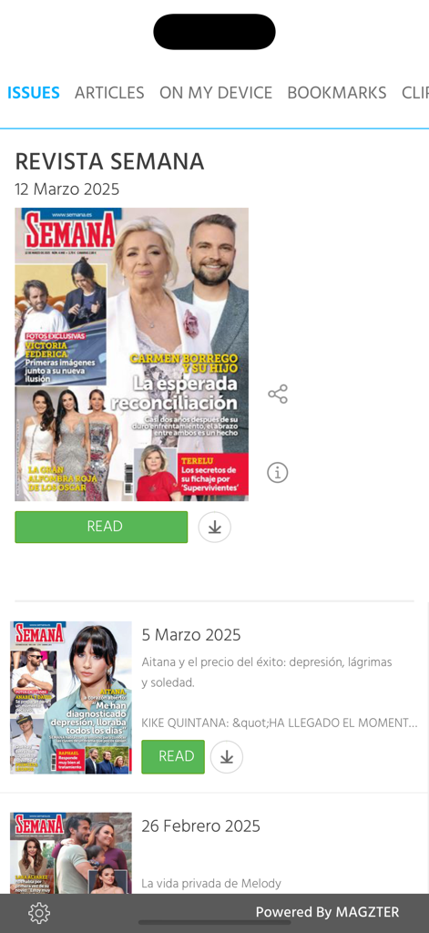 Interface de l'application Revista Semana présentant les numéros du magazine numérique et des couvertures avec des célébrités.