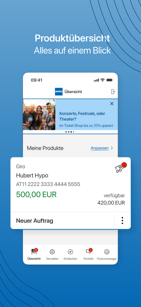 HYPO Mein ELBA-App - HYPO Mein ELBA-App Produktübersichtsansicht mit einem Girokontostand in Euro.