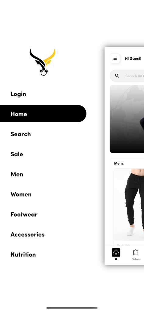 IRONGEAR - Interface of the IRONGEAR mobile app showing the side navigation menu with shopping categories like Men Women and Footwear