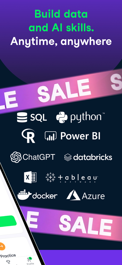 DataCamp: Learn Coding and AI - Tela do aplicativo DataCamp apresentando cursos de SQL, Python e habilidades de IA com um banner de promoção