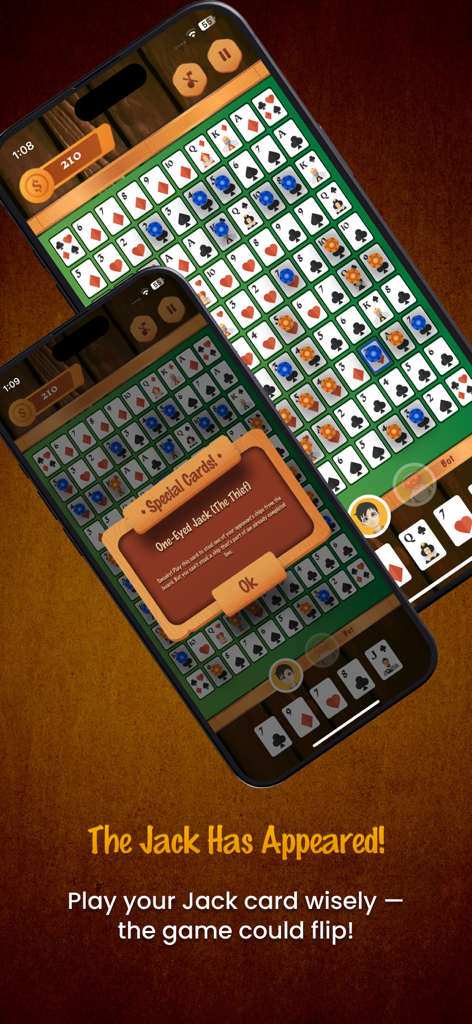 Juego móvil de Sequence Royale que muestra una notificación de carta especial de Joto de un ojo en el tablero.