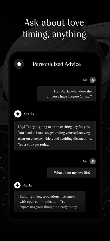 A chat screen from the Starla app providing personalized cosmic guidance on life and love.