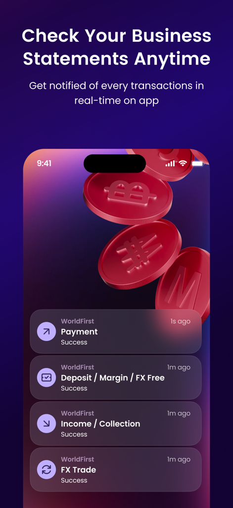 Application mobile WorldFirst montrant des notifications de transactions professionnelles en temps réel pour les paiements et les opérations de change