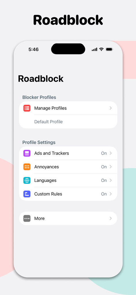 Roadblock app interface on iPhone showing blocker profiles and settings for ads and trackers