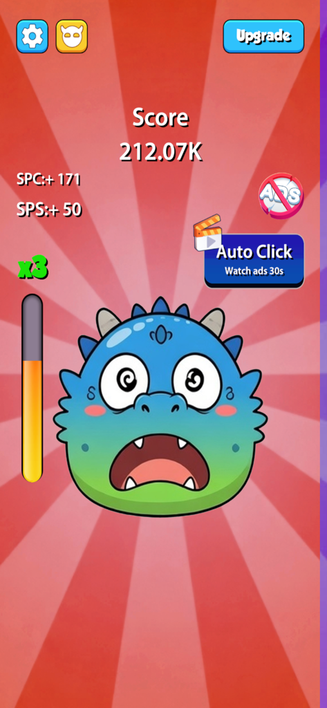 Fun Clicker. - A screenshot of the Fun Clicker mobile game showing a shocked blue monster character and a score of 212k on a red sunburst background.
