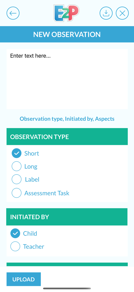 New observation screen in the E2P SEND app showing options for assessment types and observers
