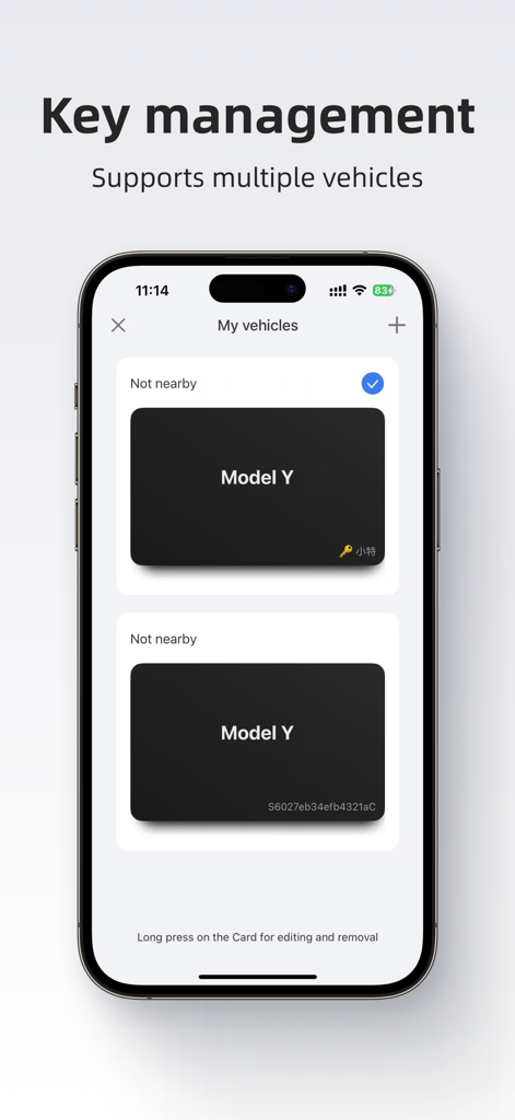 iPhone screen showing the Key for Tesla app with multiple Model Y vehicles managed in a list.