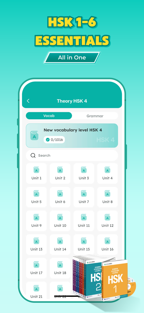 Aplicación Migii HSK que muestra unidades de vocabulario HSK 4 y hoja de ruta de estudio