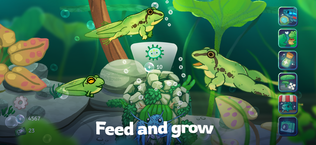 Pondlife — Relaxing Fish Game - Una captura de pantalla del juego de Pondlife que muestra ranas verdes y renacuajos en un sereno entorno submarino con el texto Alimenta y haz crecer.