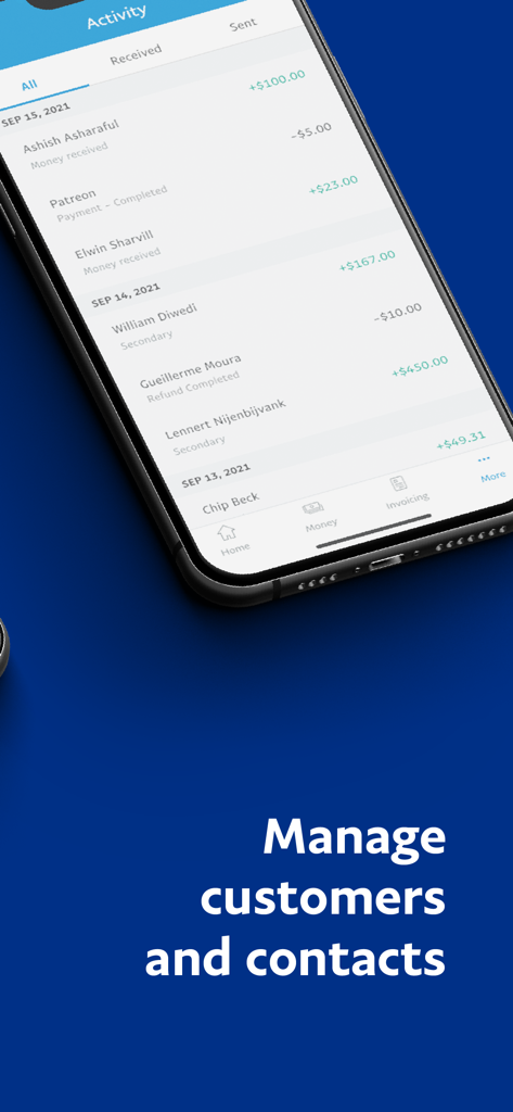 Aktivitäten-Bildschirm der PayPal Business App mit dem Transaktionsverlauf der Kunden