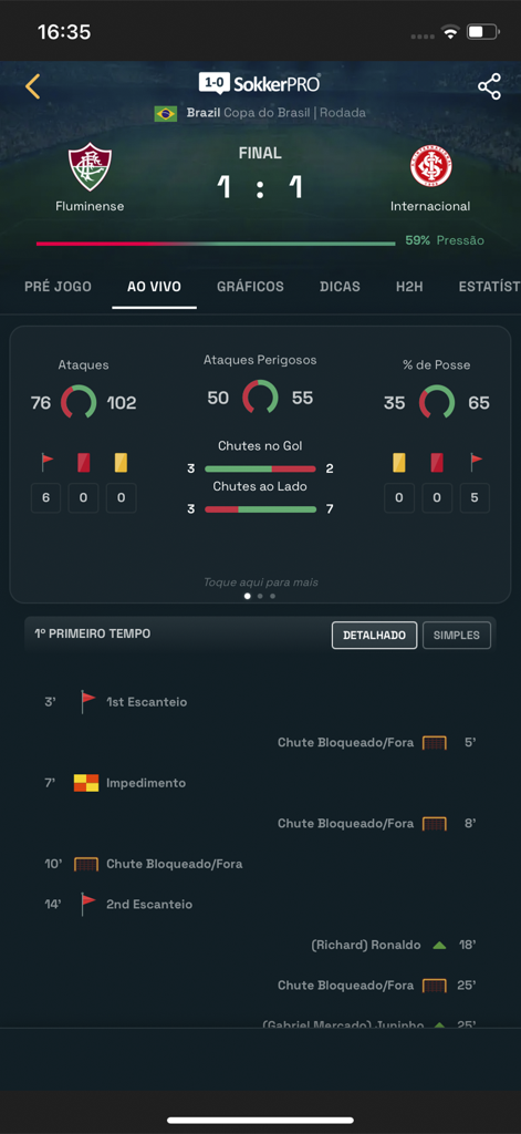 Real-time soccer match dashboard on SokkerPRO showing live scores, possession stats, and attack momentum for a game between Fluminense and Internacional.