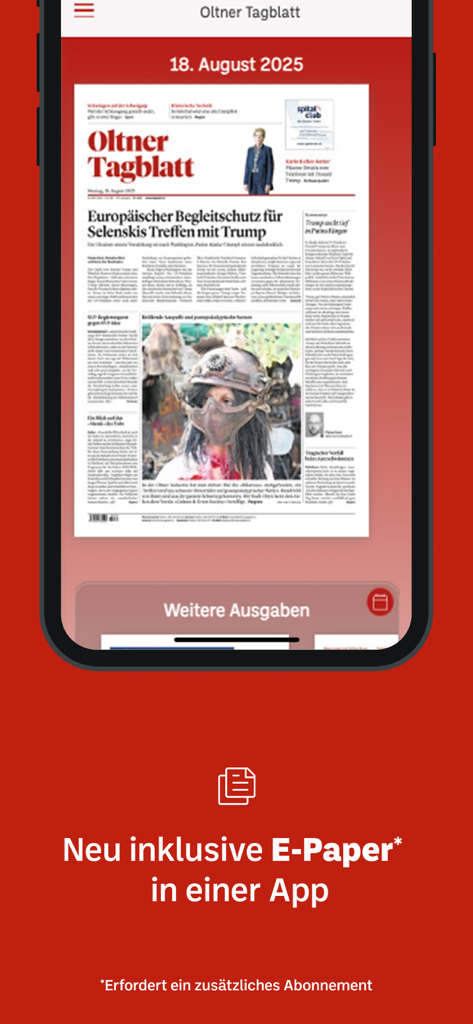 Smartphone screen displaying the Oltner Tagblatt E-Paper digital newspaper