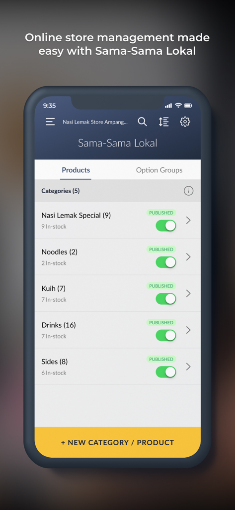 Maybank QRPayBiz - Maybank QRPayBiz app interface showing product category management and published status toggles