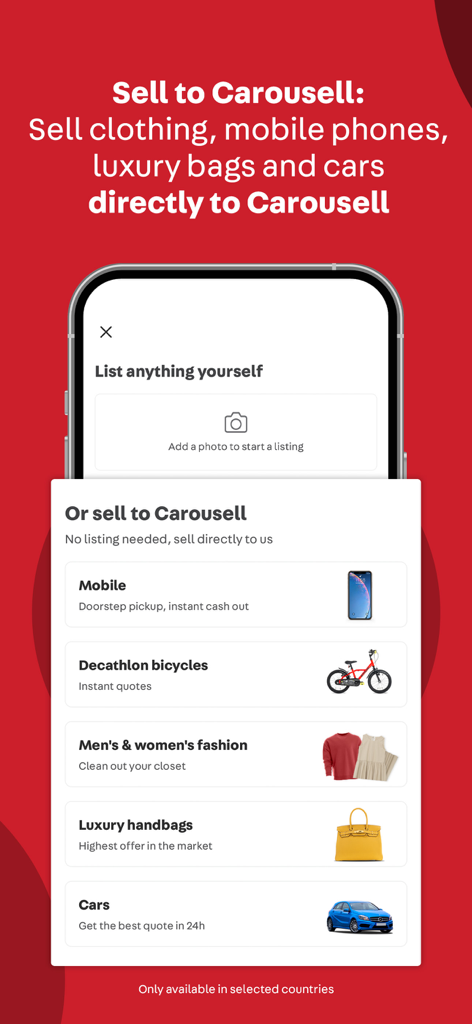 A mobile app screen showing options to sell items directly to Carousell including mobile phones, bicycles, fashion, luxury handbags, and cars.