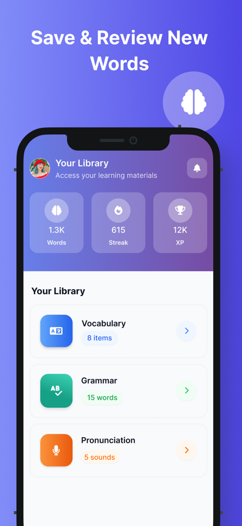 LingUp: AI Language Speaking - LingUp app library showing vocabulary grammar and pronunciation categories with learning stats