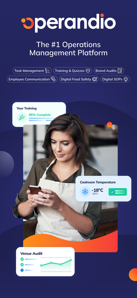 Operandio - Operandio mobile app interface for operations management showing food safety monitoring and employee training tasks