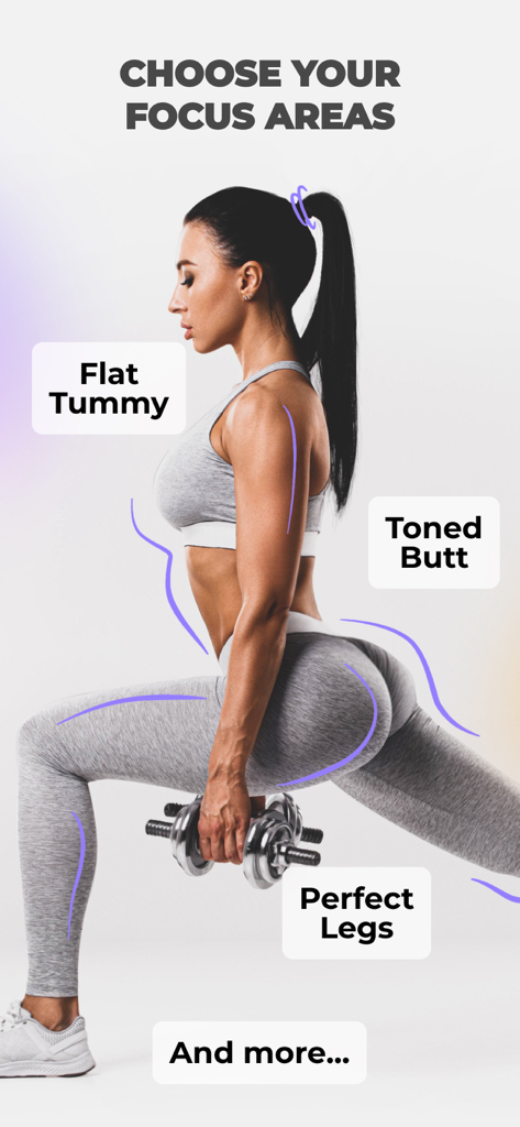 Captura de tela do aplicativo de fitness mostrando áreas de foco para mulheres, incluindo barriga chapada, bumbum tonificado e pernas perfeitas