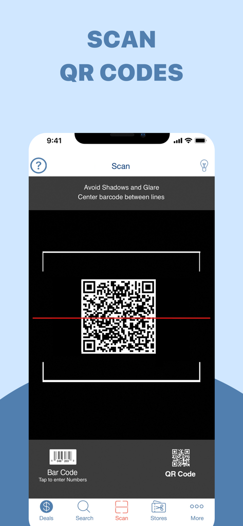 Screenshot dell'app BuyVia che scansiona un QR code per trovare offerte di shopping.