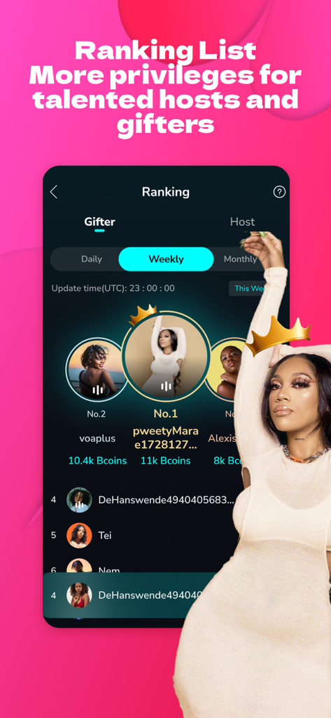 Boomlive-Audio&Live Stream - Boomlive app ranking screen showing a weekly leaderboard of top gifters and hosts with profile images and bcoins