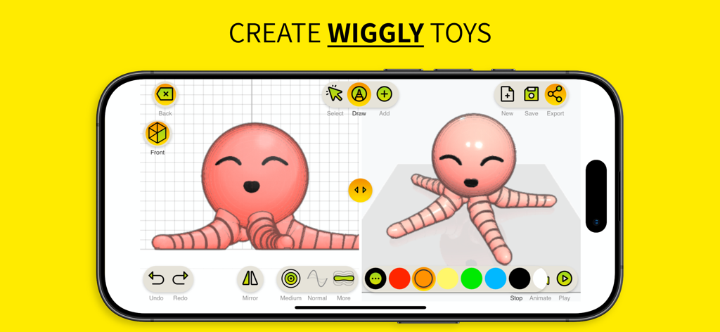 ToyCAD: Easiest 3D Drawing App - 2D 스케치에서 핑크색 꿈틀이 문어 장난감의 3D 생성을 보여주는 ToyCAD 앱 인터페이스