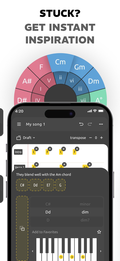 Song Writer AI,Lyric Generator - Interface of Song Writer AI app showing chord suggestions and the Circle of Fifths for musical inspiration.