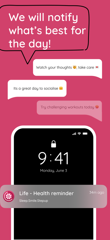 Smartphone lock screen displaying a health reminder notification and personalized wellness tips from the Life app